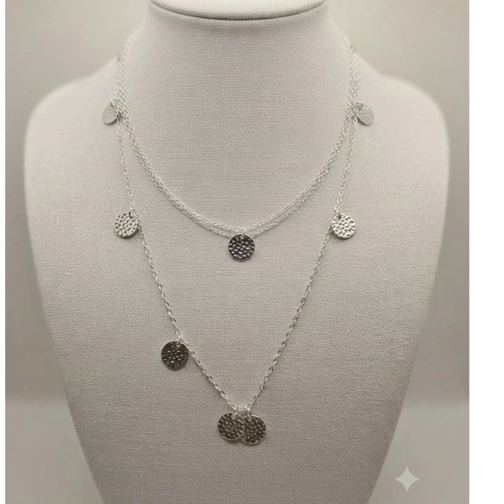 Daisy Fuentes Silver Tone Double Strand Hammered Coin Disc Charm Necklace